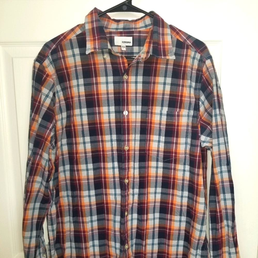 Sonoma Men's Large Orange, Maroon and Grey Plaid Button Up Shirt